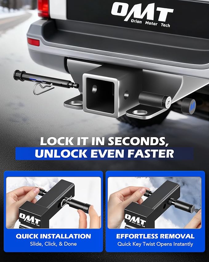 Orion Motor Tech Locking Hitch Pin, Fits 2" Receiver with 5/8" Diameter Hitch Pin Lock, Anti-Theft Steel Hitch Pin Lock with Key for Class III IV Hitches, Anti-Rattle Trailer Hitch Pin with O-Rings