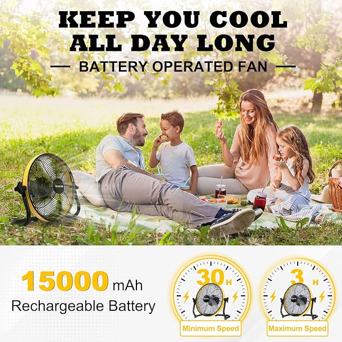 Large Battery Operated Outdoor Rechargeable Camping Fan Up to 30 Hours Battery Powered Floor Fan Cordless Outdoor Battery Fan, 2 Hours Fast Charging,16 inches