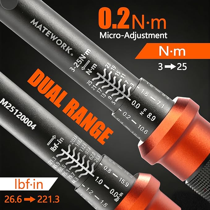 1/4-Inch Drive Click Torque Wrench, 3-25 Nm/26.6-221.3 in.lb, Bike Torque Wrench Inch Pounds with 72-Tooth Dual-Direction, Small Bike Tool for Bicycle, MTB Maintenance, ±3% High Precision