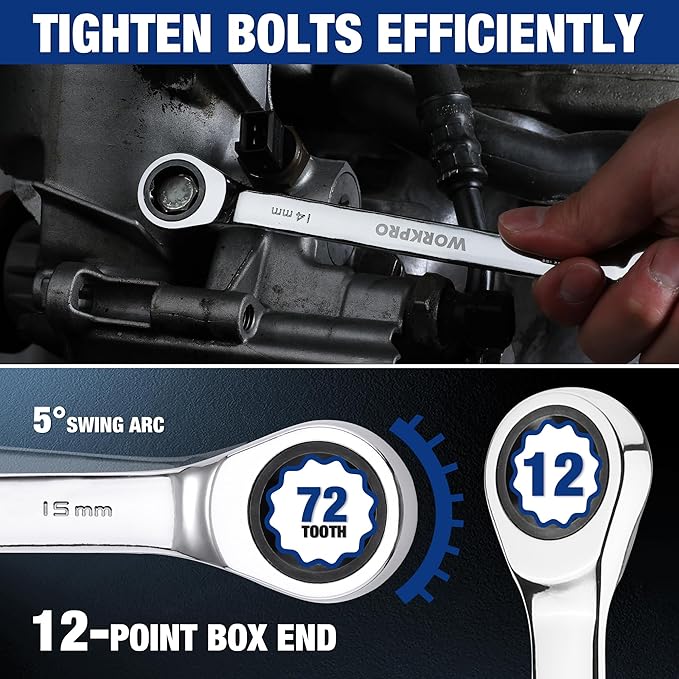 WORKPRO Ratcheting Wrench Set, Metric, 5-piece Ratcheting Combination Wrench Set, 10mm, 11mm, 13mm, 14mm, 15mm, 12-Point, CR-V Steel, with Organizer Rack