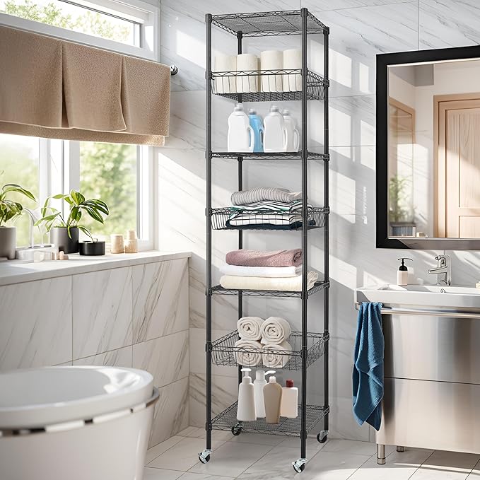 Finnhomy Heavy Duty 7 Tier Wire Shelving Unit with Wheels 18x18x78.8-inches 7 Shelves Metal Storage Rack Thicken Steel Tube, Adjustable Shelving Rack for Kitchen Bathroom Office, NSF Certified, Black