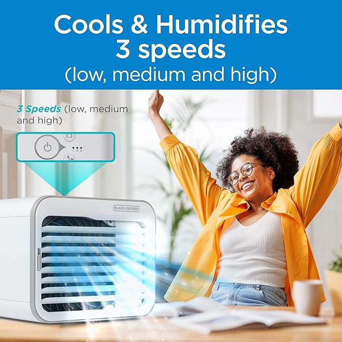 BLACK+DECKER Desktop Air Cooler, Personal Portable Fan with 3-Speeds, Evaporative Air Cooler with 0.5L Water Tank, Air Cooler Fan for Desk, Home, Office, Bedroom, and more, BDMC10, White/Gray