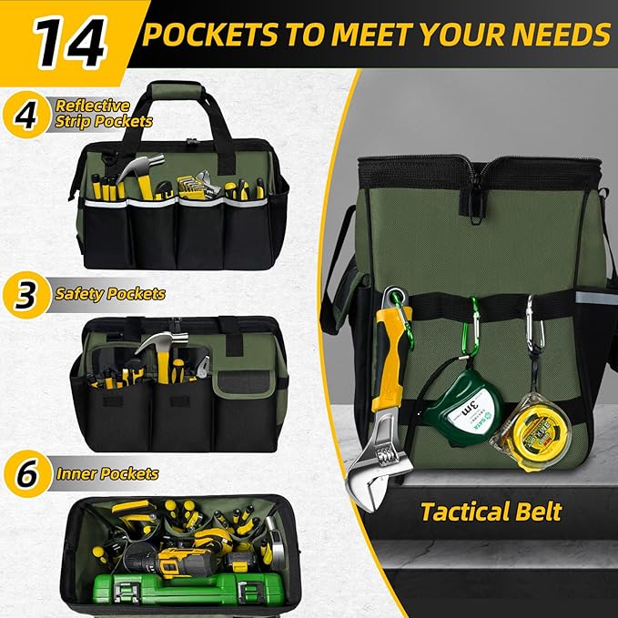 NECKORY Tool Bag, Portable Tool Box Organizer Adjustable Shoulder Strap, Carry Tool Tote Heavy Duty Tool Storage Bag With Wide Mouth,Tool Bags for Men Mechanic EngineerGift - L, Army Green & Black