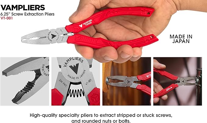 VAMPLIERS 4-PC Screw Extractor Pliers Set Made in Japan: 8" Linesman, 7.5" Long Nose, 6.25" Combination, 5" ESD Safe Mini Plier + Tool Pouch. Remove any Stripped/Damaged/Rusted Screws.