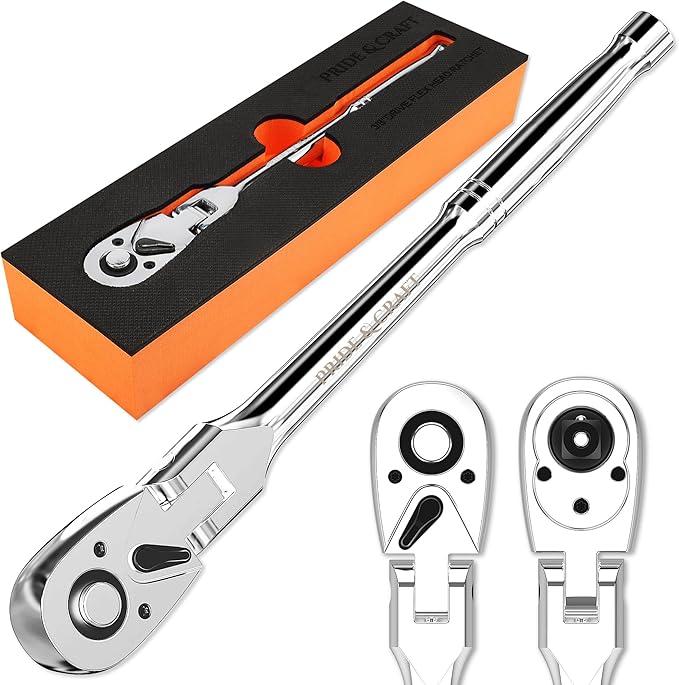 PRIDE&CRAFT 3/8" Drive Flex Head Ratchet 72-Tooth, Socket Wrench Quick Release Reversible Design, Swivel Head Ratchet, Chrome Alloy Made, EVA Organizer