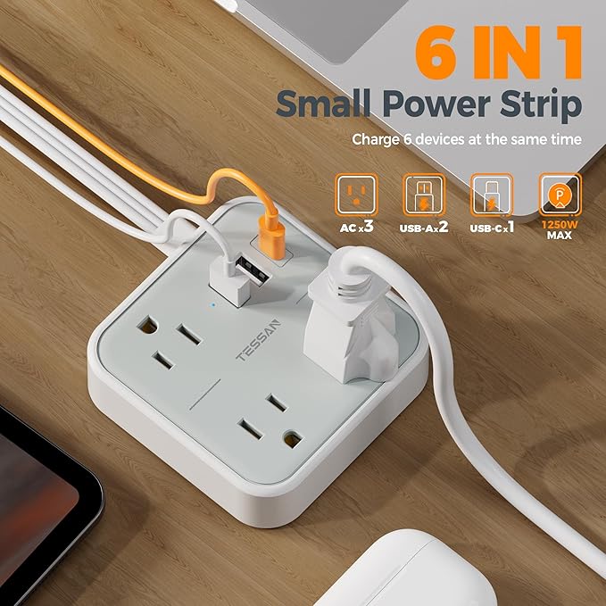 TESSAN Ultra Thin Flat Extension Cord 5 FT, Slim Power Strip with USB Ports (1 USB C), Non Surge Protector Flat Plug Wall Charger with 3 Outlets for Office, School, Cruise Essentials, Grey
