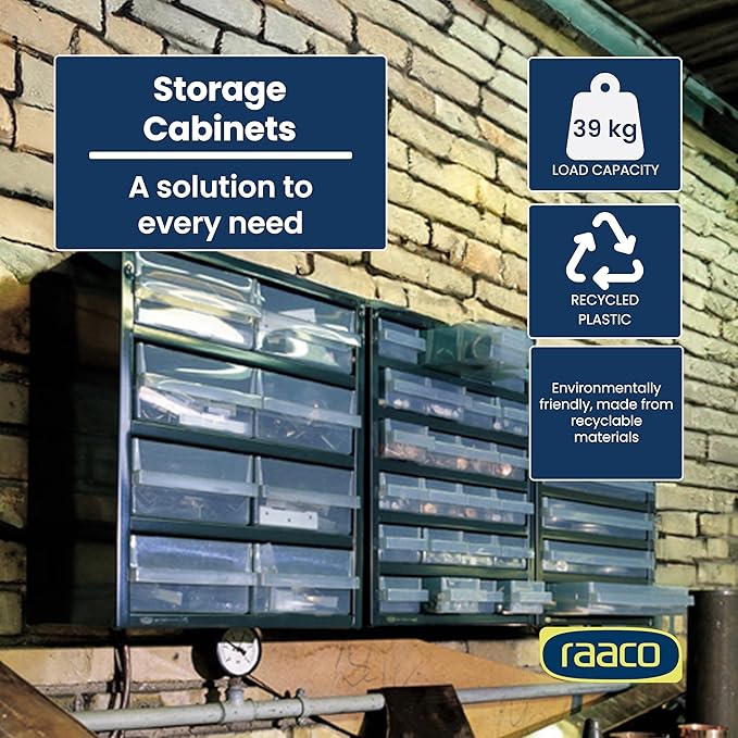 Raaco Steel Storage Cabinet, Tall 48-Drawer, Clear Polypropylene Plastic Drawer – Small Parts Organizer, Screws, Nuts & Bolts, Crafts & Hardware – Tool Cabinet for Workbench & Wall Storage (C12-48)