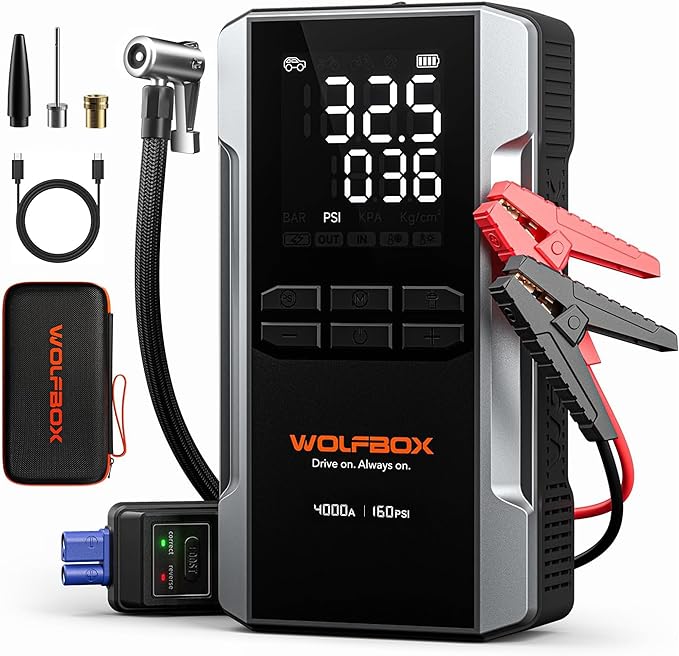 WOLFBOX 4000A Jump Starter with 160PSI Air Compressor, 12V Car Battery Booster, 88.8Wh Portable Jump Box (10.0 Gas/10.0L Diesel) with 65W Fast Charging, Tire Inflator, Jumper Cables, and LED Light