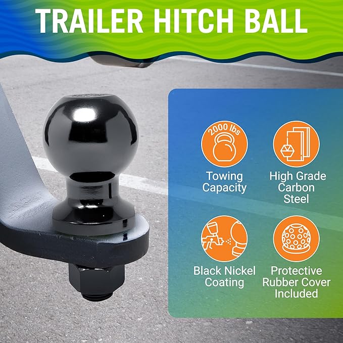 Better Boat 2 Inch Trailer Ball Hitch, 2000lbs Capacity, 3/4" Shank Diameter, 2" Long, Marine Grade Tow Ball for Boats and Towing
