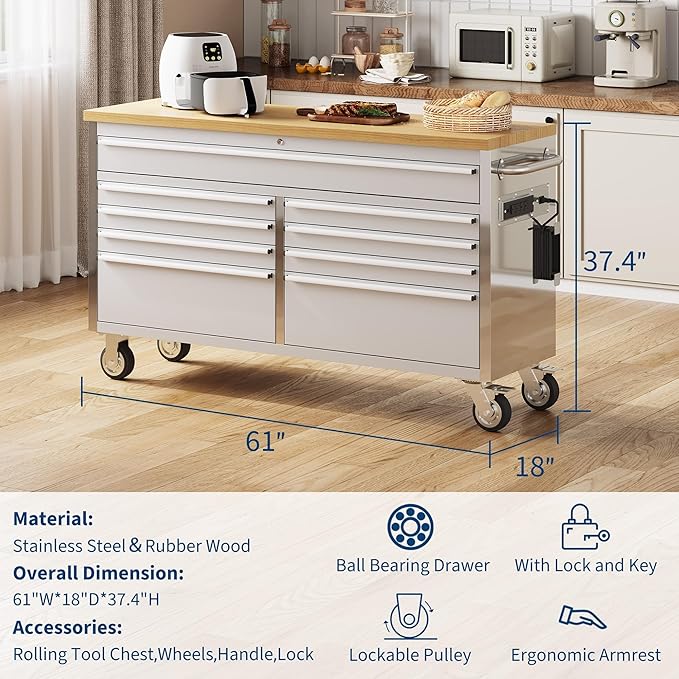 Tool Chest, 61 Inch Tool Box Mobile 9 Drawers Storage Rolling Cabinet with Wheels Lock Key Locking System Drawer Liners for Garage Warehouse Repair Shop, Sliver