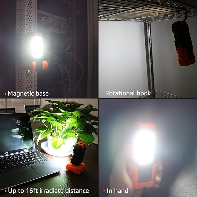 TORCHSTAR Portable LED Work Light, Hanging Hook & Magnetic Flashlight, Battery Operated COB Pocket Work Light for Car Repairing, Emergency, Hiking, Camping, Pack of 2