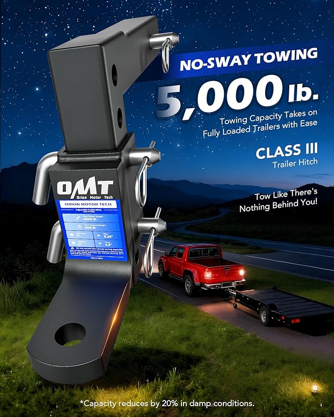 Orion Motor Tech Adjustable Trailer Hitch Ball Mount, 8-Position Tow Hitch for 2" Receiver with 1" Ball Hole 9-1/2" Drop 8-1/4" Rise 5000 lb Capacity, Heavy-Duty Ball Hitch for Truck Boat RV Cargo