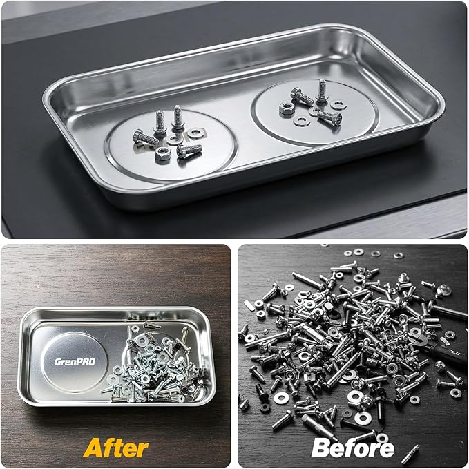 4-Piece Magnetic Tray Set, 2 Large Square & 2 Round Stainless Steel Trays with Strong Magnet for Tool Organization, DIY Stickers Included
