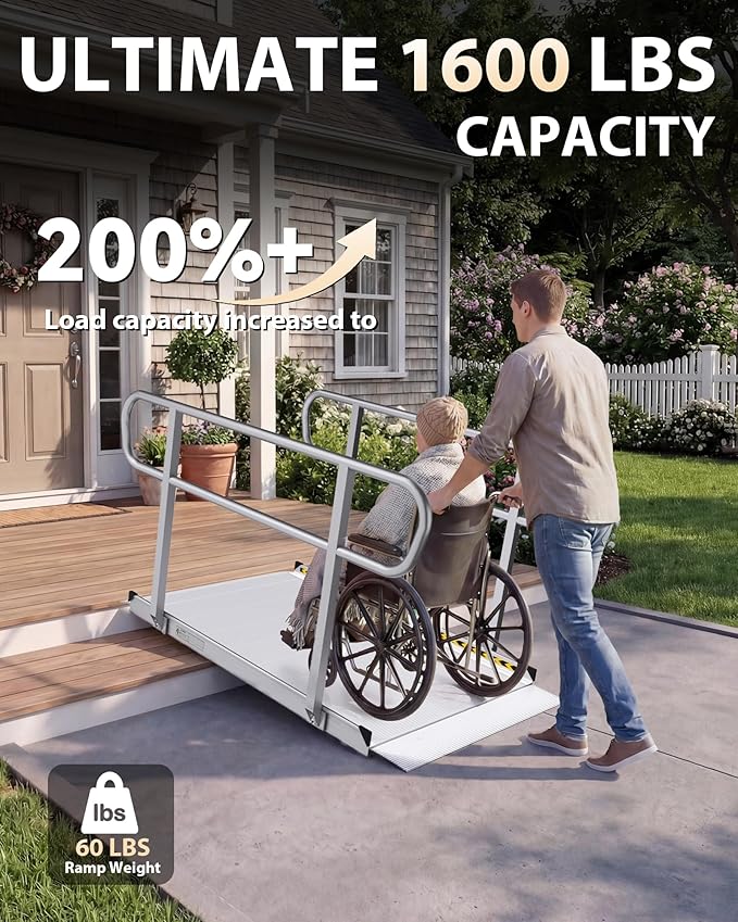 FACHNUO Upgraded 1600 lbs Capacity Wheelchair Ramp with Handrails, 5 FT Portable Ramp for Wheelchairs for Home, Handicap Ramp for Home Steps, Stairs, Home Entry, Doorways, Threshold,Scooters, Walkers