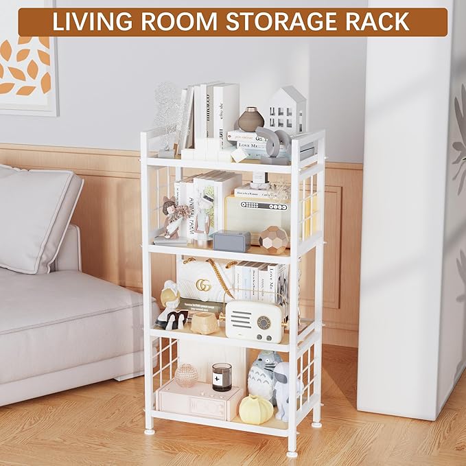 GIOTORENT 4-Tier Pantry Shelves with Wooden Boards, Heavy Duty Storage Shelves & Book Shelf, Adjustable Metal Shelving Unit for Kitchen Bathroom Laundry Organizer, Sturdy Rust-Resistant, White