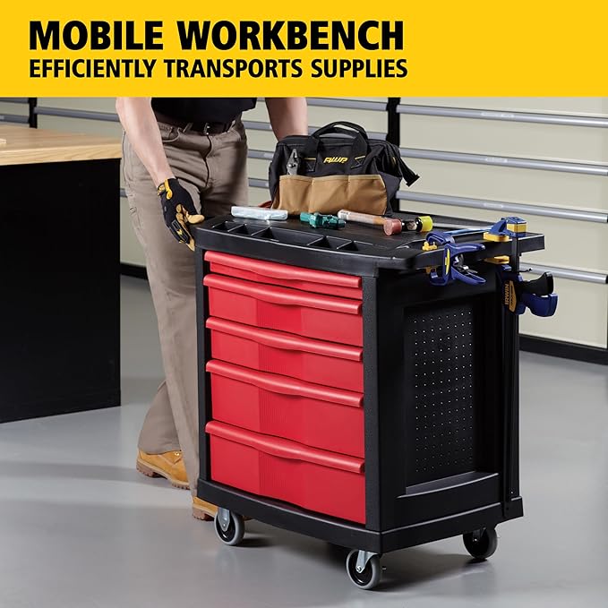Rubbermaid Commercial Products Mobile Tool Work Center, 5 Drawers, 250 lb. Capacity, Black, for Warehouse/Garage/Cleaning/Maintenance