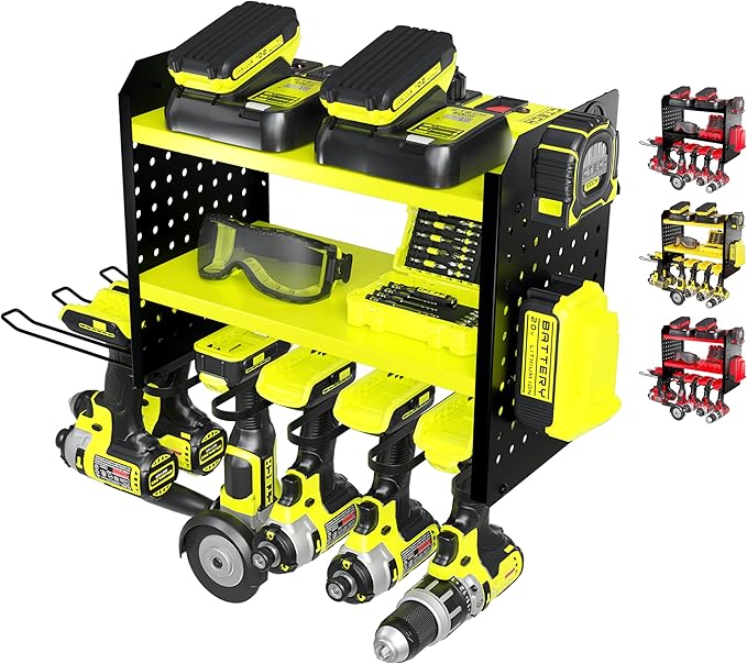 BUILTSTRONG Power Tool Organizer - 6 Drill Holder Wall Mount, 3-Tier Heavy-Duty Hand Tool Storage Rack With 2 Pegboard Sides - Green