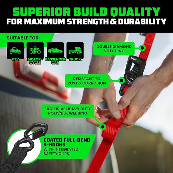 Rhino USA Ratchet Straps Heavy Duty Kit (2-Pack) - 1.6 Inch x 8 Feet Min Break Strength (5,000) - Ultimate Tie Down Straps with Safety S Hooks for Trucks, ATV, UTV, Motorcycle, Cargo & More - Red