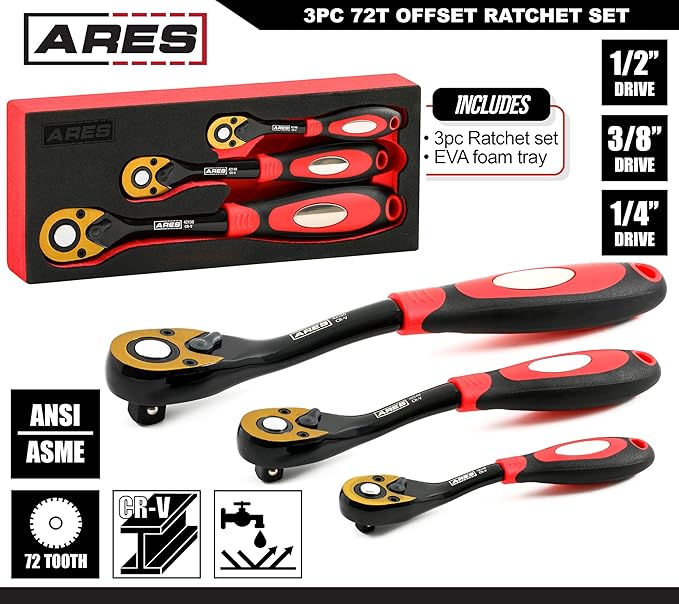 ARES 42147-3-Piece 72 Tooth Offset Ratchet Set - Chrome Vanadium Tools, Offset Handles - Quick Release for Easy Socket Change - Reversible Design - 5 Degree Swing – Automotive Ratchet Set