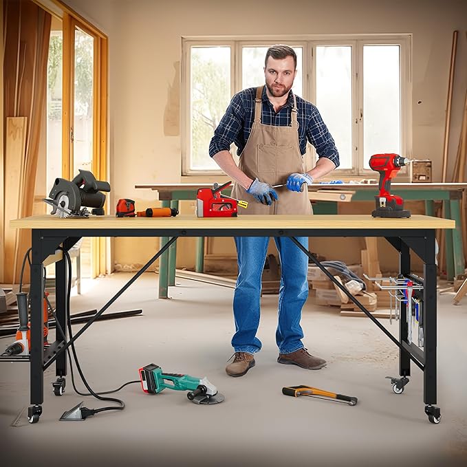 DWVO 60" Adjustable Workbench on Wheels, Garage Tool Work Bench with Outlets & Wheels, Heavy-Duty 1600 LBS Load Capacity Work Table for Workshop, Office, Home, or Outdoor Use