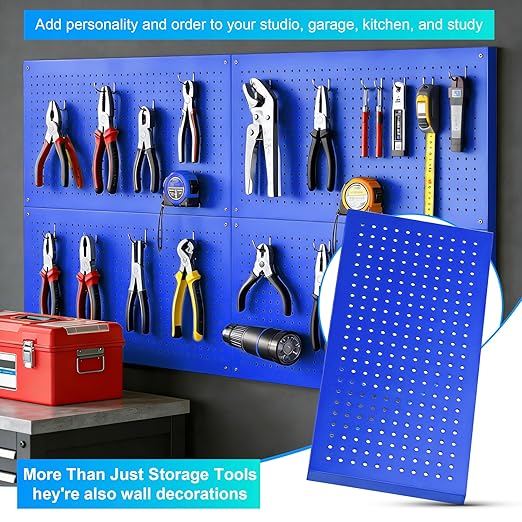 Metal Pegboard Panels 4 Pack, 24" x 12" Heavy Duty Rust-Proof Wall Organizer, Sturdy Steel Storage Board for Garage, Workshop & Craft Room, Blue