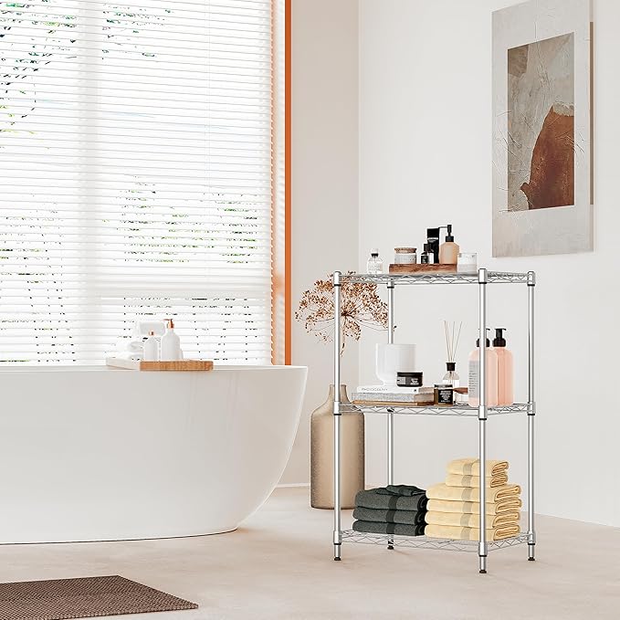 IZEUK 3 Tier Metal Wire Shelving Rack Storage Shelves for Kitchen, Bedroom, Living Room or Laundry Room, Chrome, 17.7" W x 11.8" D x 28.8" H