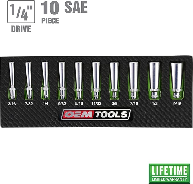 OEMTOOLS 23985 10 Piece 1/4" Drive Deep Socket Set, SAE Sizes 3/16"-9/16", Rust-Resistant 1/4 Drive Socket Set, EVA Storage Tray, Heat-Treated Alloy Steel Sockets