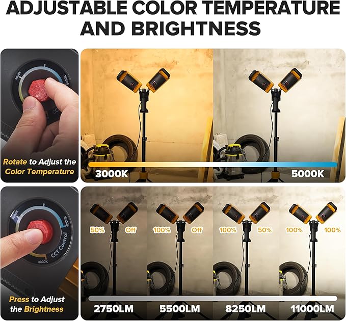 【Upgraded】LUTEC 6290Max 11000 Lumen 92W Dimmable LED Work Light with Telescoping Tripod, Adjustable Color Temperature Dual-Head Work Light with Stand and 8 Ft 3-Prong Power Cord