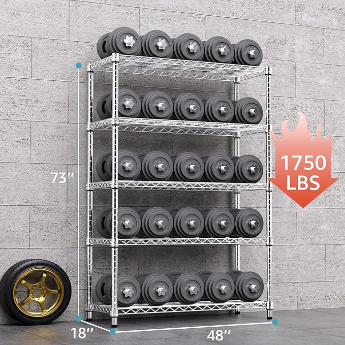 M MZG 1750 LBS Storage Shelves 5-Tier Utility Shelving Unit Steel Organizer Wire Rack for Home,Kitchen,Office,Garage, Capacity 17.7" D x 47.2" W x 72.3" H | Organizer Wire Rack, for Home, Kitchen, Office, Garage, 1750 LBS Capacity