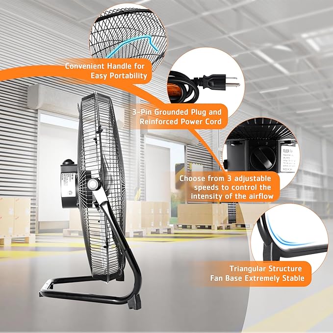 18 Inch Floor Fan, Max 4012 CFM Industrial Fan, 3-speed and 360° Adjustable Tilt, Metal Construction and Aluminum Blades, Ideal for Warehouse, Workshop, Factory, Garage