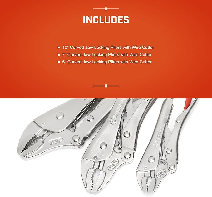 Crescent Curved Jaw Locking Pliers with Wire Cutter - 3 Piece Set - Home DIY & Professional Mechanic Hand Tool for Nuts & Bolts, Cables, Wires - 5", 7" & 10" - CLP3SETN-08