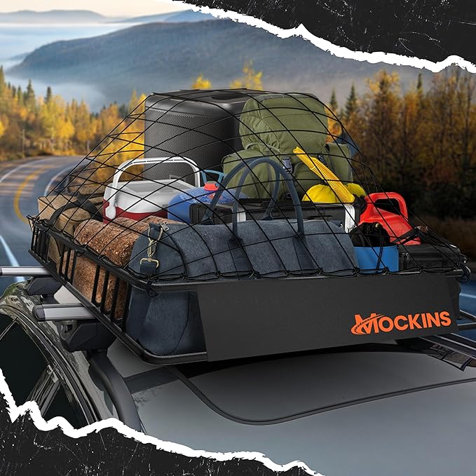 Mockins 84"x39"x6" XL Extendable Roof Rack Cargo Carrier for Top of Vehicle Storage | 250 Lbs Capacity Weatherproof Steel Roof Basket | Heavy Duty Car Rooftop Cargo Carrier Set w/Ratchet Straps & Net
