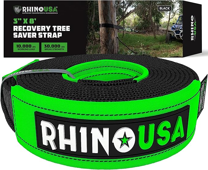Rhino USA Tree Saver Tow Strap (3" x 8') - 31,518lb Break Strength - Emergency Recovery Strap Winch Extension for Truck, UTV, ATV & More - Heavy Duty Straps Compatible with Jeep, Ford, Toyota (Black)