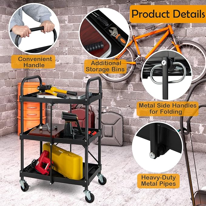Nightcore Folding Utility Cart, 3-Tier Food Service Cart w/Lockable Wheels, 330LBS Capacity, Heavy-Duty Metal Frame Collapsible Utility Cart, Rolling Tool Cart for Home Garage