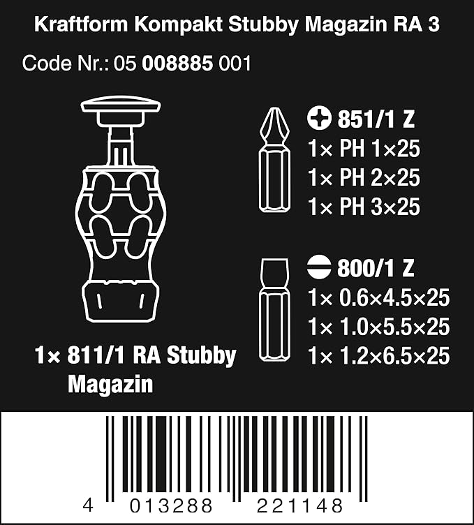 Wera 05008885001 Kraftform Kompakt Stubby magazine RA 3, Stubby Ratchet Screwdriver with Bit Magazine, 6 pieces
