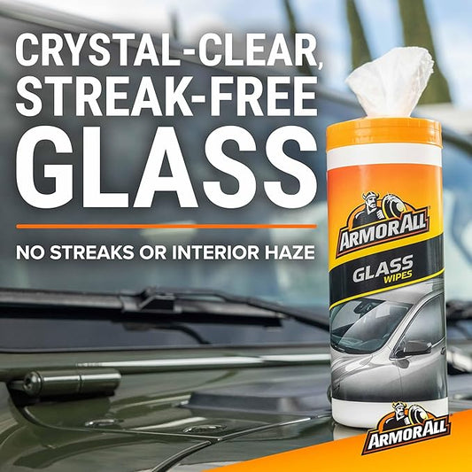 Armor All Car Glass Wipes, Auto Glass Cleaner for Film and Grime, 30 Count