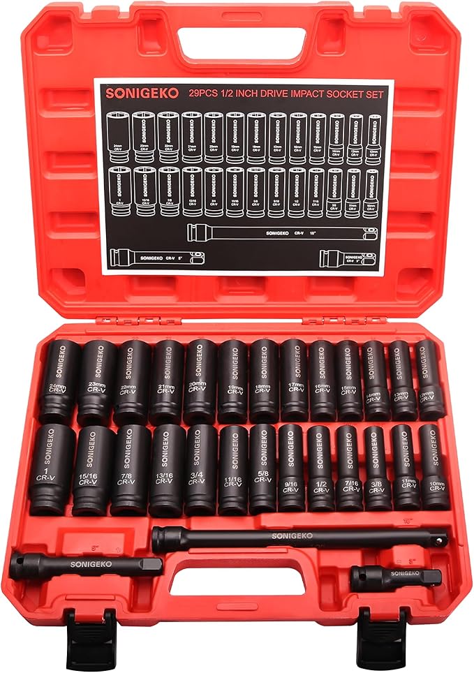 29-Piece 1/2" Drive Impact Sockets Set, 6 Point Deep Standard SAE and Metric CR-V Steel Sockets with 3",5",10" extension bar (Metric and SAE, 1/2" Socket Sets, 29pcs)