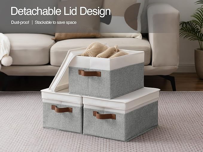 StorageWorks Decorative Storage Boxes with PU Handles, Storage Bins with Lids, Foldable Storage Baskets for Closet, Shelves, Stackable, Gray and White, 3-Pack