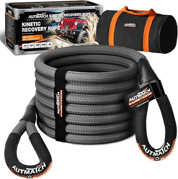 AUTMATCH Kinetic Recovery Tow Rope 7/8" x 30FT - Heavy Duty Energy Recovery Tow Rope 35000Lbs, 35% Elasticity Offroad Snatch Strap for 4x4 Off-Road Vehicle, Truck, Trailer, ATV, UTV, Gray
