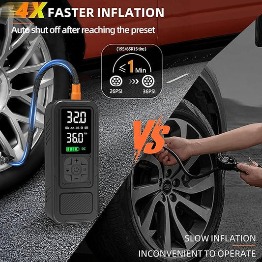 Y34 Tire Inflator Portable Air Compressor,4X Faster Inflation,10000mAh Cordless/12V DC 150PSI Air Pump for Car Tires with Digital Pressure Gauge/LED Light for Car,Motorcycle,Bike,Ball