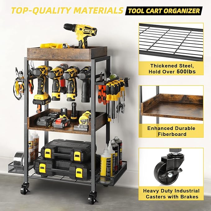 Olakee Power Tool Organizer Garage Storage Organization Shelving Tool Holder Drill Rack Shelf Rolling Cart Open Tool Chest Cabinet Box Organizer with Wheels Workshop Garage Gift Ideas for Men Dad