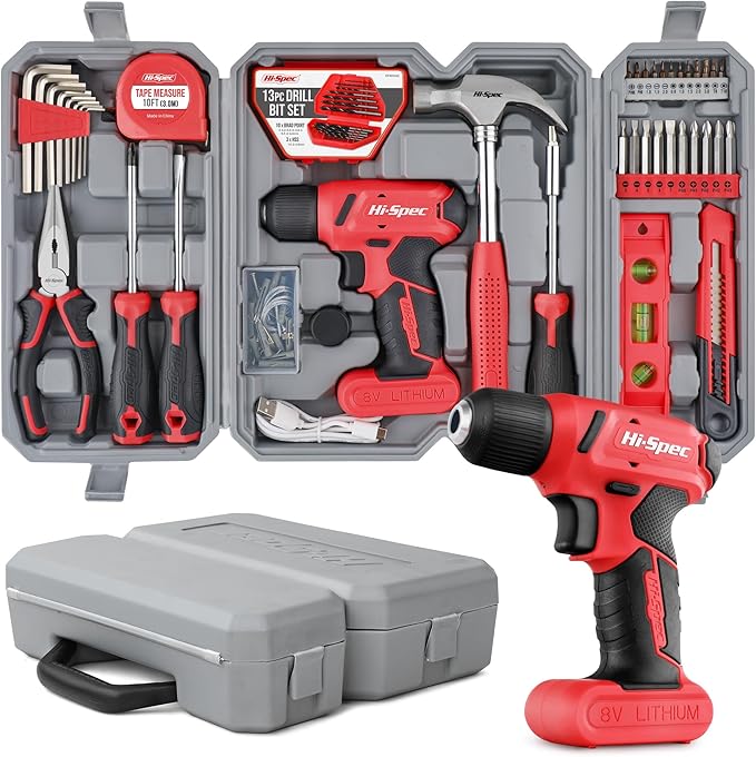 Hi-Spec 58pc Red 8V USB Electric Power Cordless Drill Driver and Home DIY Tool Kit Set. Screw Driver and Drill Bit Set Accessories, Pliers and Hammer In a Toolbox Case