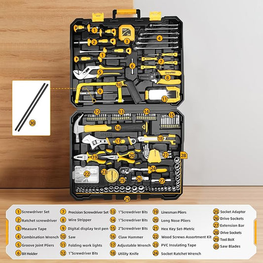 GRENPRO 218 Piece Tool Kit for Home, Tool Box with General Household Hand Tools Set, Herramientas with Screwdrivers, Wrenches, Hammer, Bow Saw, Folding Work Lamp, Electric Pen and Other Basic Tool Kit