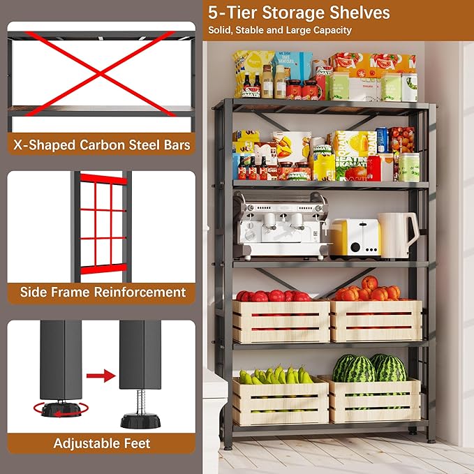 GIOTORENT 5-Tier Kitchen Storage with Wooden Boards, Heavy Duty Storage Shelves & Bookshelf, Adjustable Metal Shelving Unit for Garage Kitchen Bathroom Laundry Organizer, 1500LB Capacity, Black