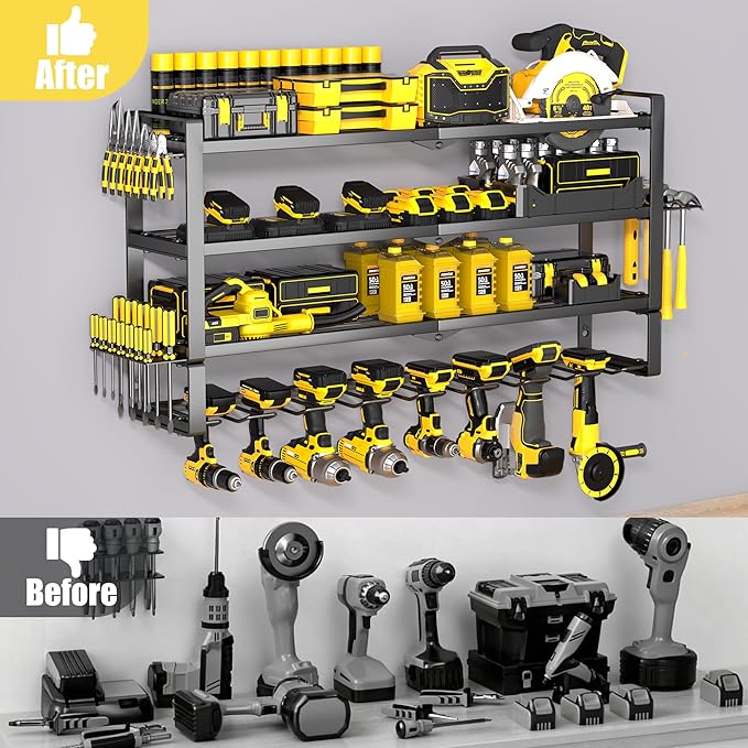 MOOMSINE Large Power Tool Organizer Wall Mount, 4-Tier Heavy Duty Metal Storage Rack Loads 400lbs, Battery Tools Hanger with 8 Cordless Drill Holder for Garage, Workshop, Pegboard, Shed