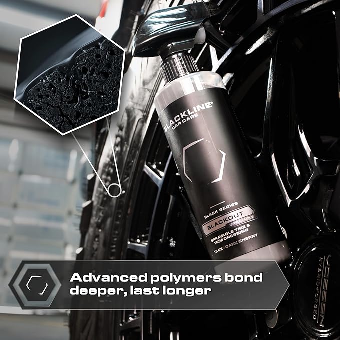 Blackline Blackout Sprayable Trim and Tire Dressing - Premium Satin Finish, No Sling, UV and Water Resistant - For Plastic, Rubber, Vinyl, and Tires - Safe for All Vehicles - 16 fl oz