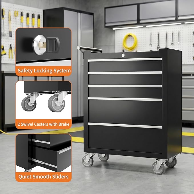 IDEALHOUSE Rolling Tool Chest, 5 Drawers Tool Storage Cabinet, Toolbox with Wheels, Portable Tool Cabinet Organizer with Locking System & Drawer Liners, Tool Storage Cart for Garage, Workshop, Black