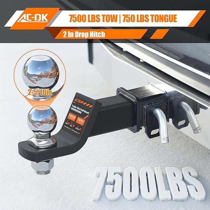 AC-DK Trailer Hitch Mount with 2-5/16-Inch Ball & Pin, Fits 2-Inch Receiver,2 inch Drop Hitch,7,500 lbs Capacity Ball Hitch, 750lbs TW