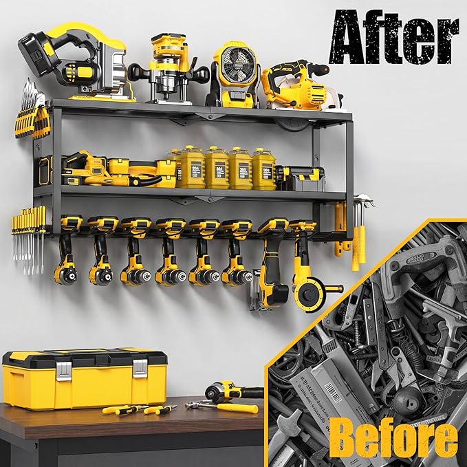 MOOMSINE Power Tool Organizer Wall Mount, Heavy Duty Metal Tool Storage Rack Loads 320lbs, 8 Cordless Drill Holder 3 Layer for Garage, Workshop, Tool Room, Gift for Men