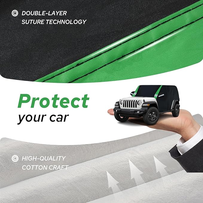 Cab Cover Compatible with Jeep Wrangler Waterproof 2 Door Custom Fits for TJ YJ CJ JK JL, Outdoor Half Exterior Soft Cotton Lining Dust Sun Rain Snow Hail Protection with Trunk Zipper